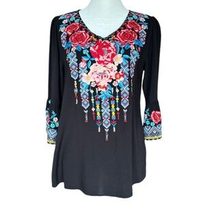 ANDREE BY‎ UNIT Flare Sleeve Embroidered Floral Boho Shirt Sz S